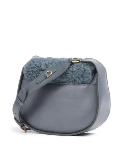 Dora Wow Umhängetasche fein genarbtes Leder, Kunstfell blaugrau