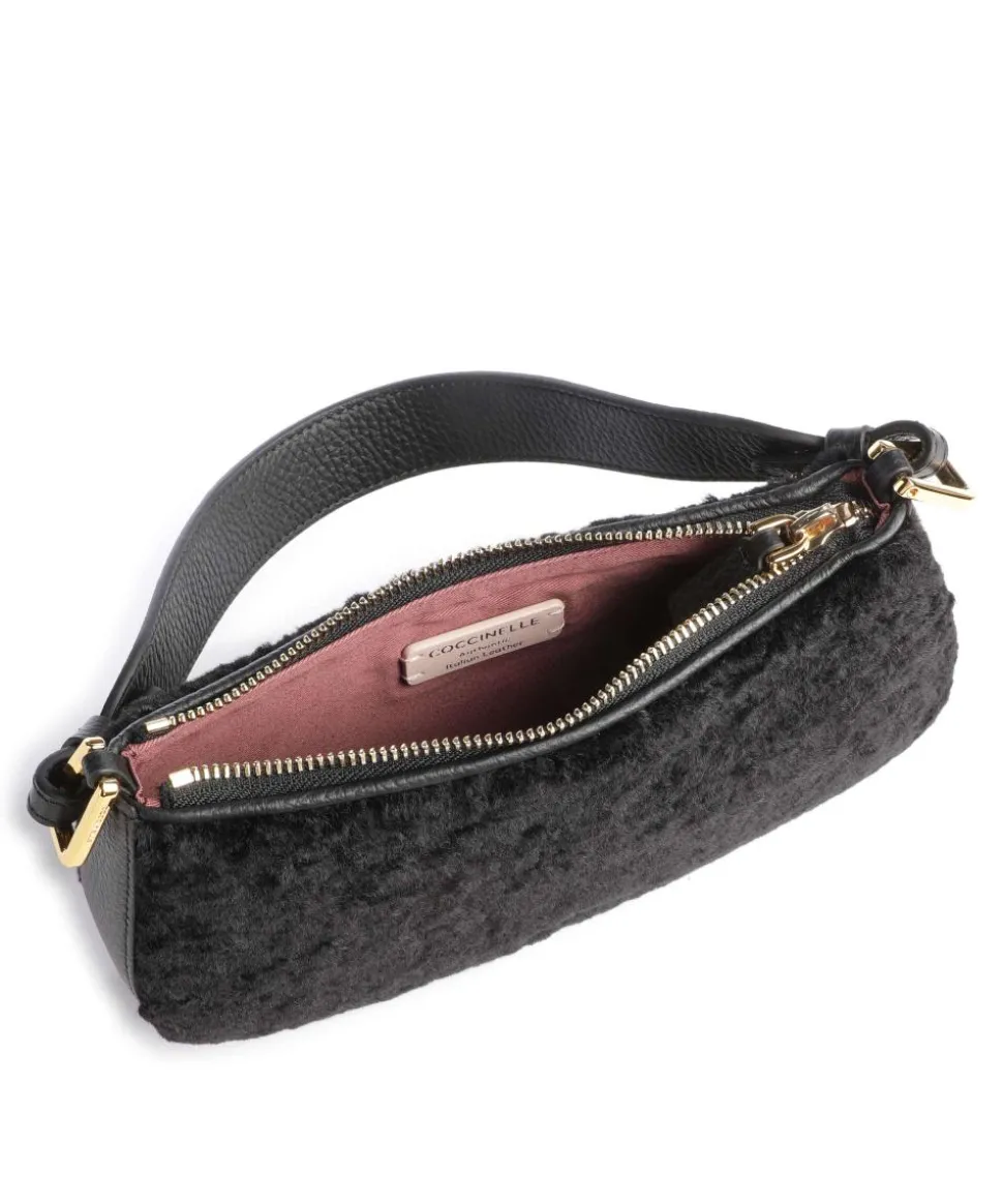 Merveille Astrakan Schultertasche genarbtes Rindsleder, Kunstfell schwarz