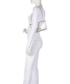 Mimosa Strass Schultertasche genarbtes Leder silber