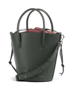 Myrtha Maxi Logo Bucket bag genarbtes Rindsleder graugrün