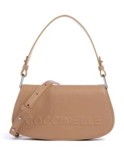 Myrtha Maxi Logo Schultertasche genarbtes Leder hellbraun