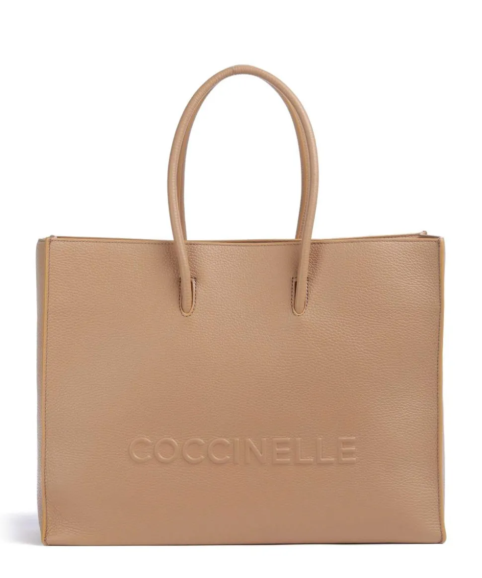 Myrtha Maxi Logo Shopper genarbtes Rindsleder hellbraun