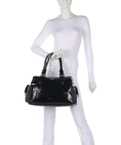 Nika Lack Distressed L Schultertasche fein genarbtes Rindsleder schwarz