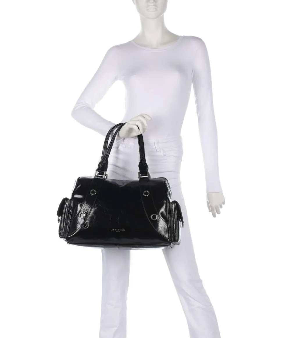 Nika Lack Distressed L Schultertasche fein genarbtes Rindsleder schwarz